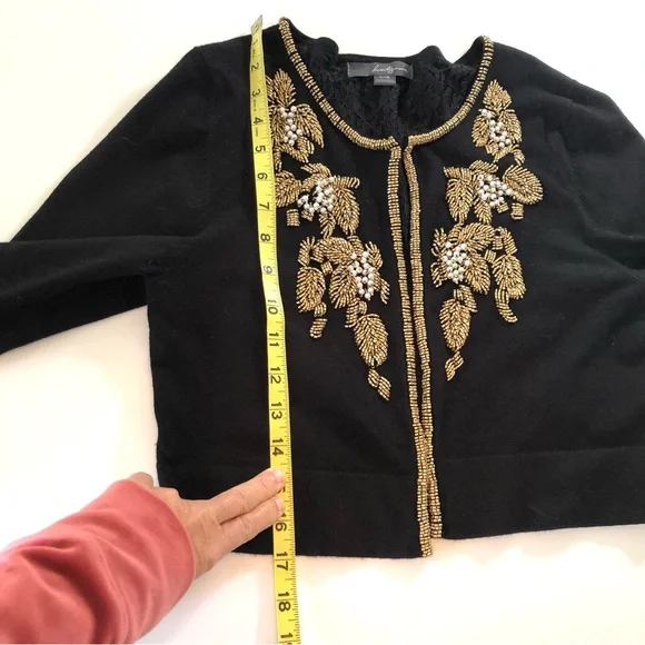 Twenty One Black Beaded Cardigan Sweater Women’s L Gold Beads Pearls Lace Lining - Picture 12 of 15